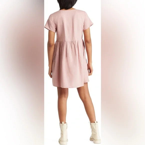 Madewell V-Neck Button Front Linen Blend Minidress in Warm Thistle Pink - Picture 10 of 10